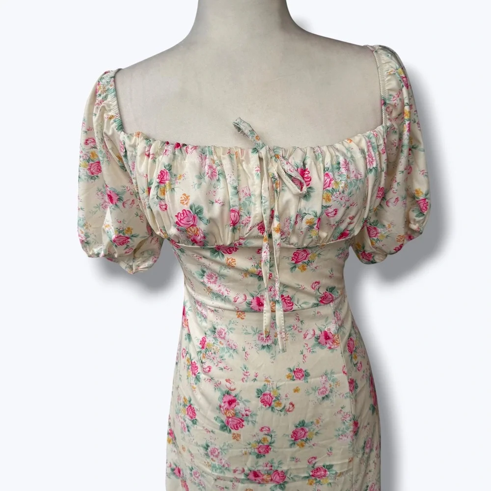 Cottagecore Floral Milkmaid Maxi Dress Puff Sleeve Square Neck Cream M Spring